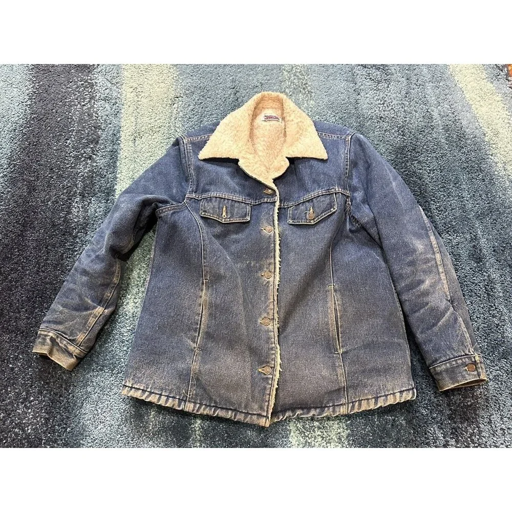 VTG Big Mac Denim Jean Jacket Sherpa Lined Collar Coat Size LG Made in USA